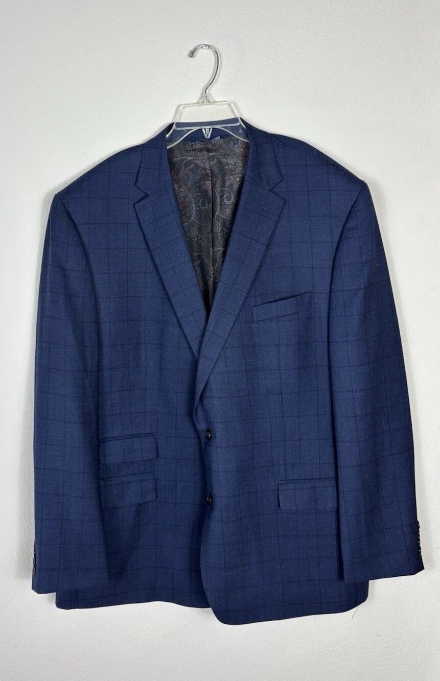 Ralph by Ralph Lauren Mens 50L Navy Blue Windowpane Plaid Wool Blend Blazer
